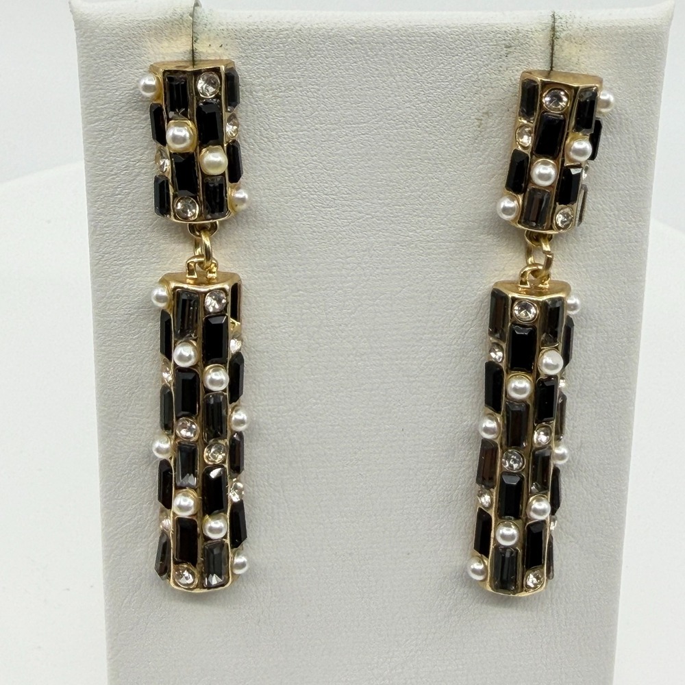 Long Black Crystal Pearl Drop Earring Gold Tone Elegant Statement Dangle Jewelry